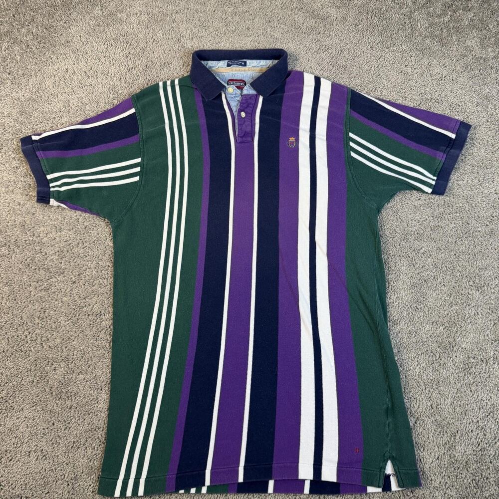 VTG Hathaway Polo Shirt Mens XL Green Purple Striped Short Sleeve 100% Cotton